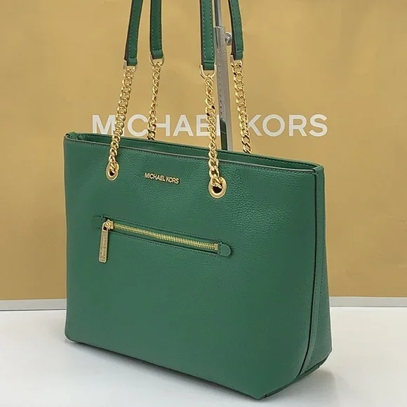 Michael Kors Jet Set Item Medium Front Pocket Shoulder Chain Tote JEWEL GREEN